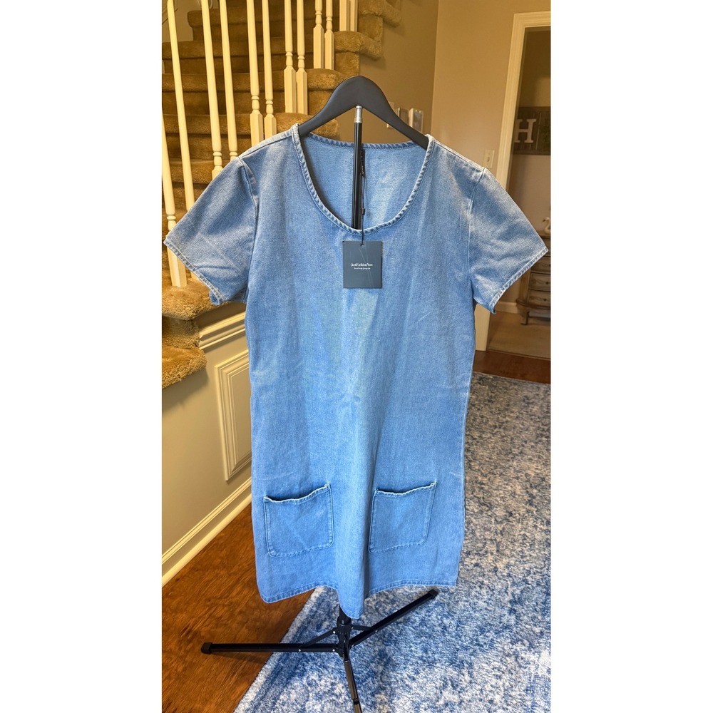 JustFashionNow Womens Denim Shift Dress Light Wash Blue Short Sleeve Pockets XL